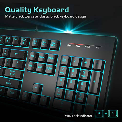 POWZAN Light Up Quiet Gaming Keyboard - Membrane Silent Wired Keyboard with Low Profile Lighted Key for Computer, Windows PC Gamer - Full Size, Black - 3