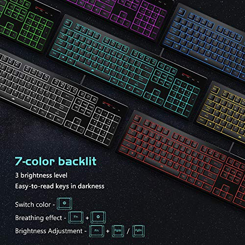 POWZAN Light Up Quiet Gaming Keyboard - Membrane Silent Wired Keyboard with Low Profile Lighted Key for Computer, Windows PC Gamer - Full Size, Black - 4