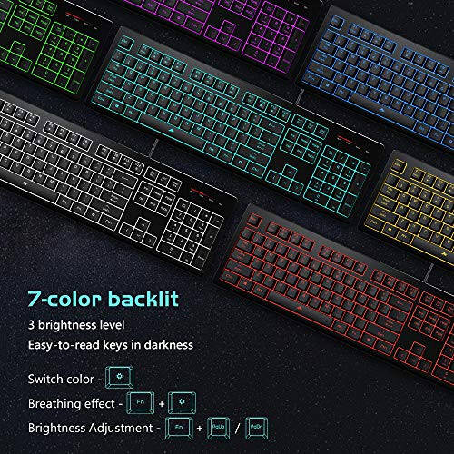 POWZAN Light Up Quiet Gaming Keyboard - Membrane Silent Wired Keyboard with Low Profile Lighted Key for Computer, Windows PC Gamer - Full Size, Black - 4