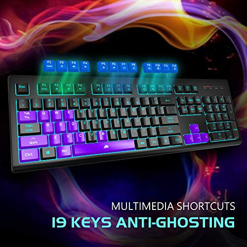 POWZAN Light Up Quiet Gaming Keyboard - Membrane Silent Wired Keyboard with Low Profile Lighted Key for Computer, Windows PC Gamer - Full Size, Black - 5
