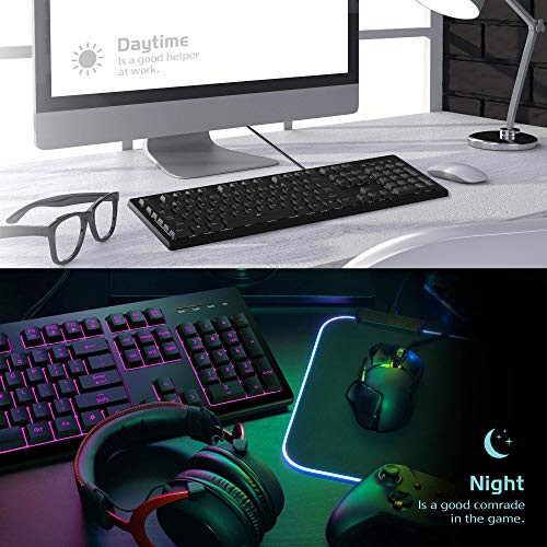 POWZAN Light Up Quiet Gaming Keyboard - Membrane Silent Wired Keyboard with Low Profile Lighted Key for Computer, Windows PC Gamer - Full Size, Black - 6