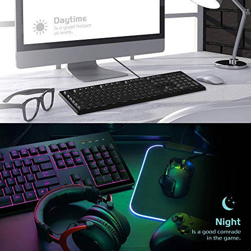 POWZAN Light Up Quiet Gaming Keyboard - Membrane Silent Wired Keyboard with Low Profile Lighted Key for Computer, Windows PC Gamer - Full Size, Black - 6