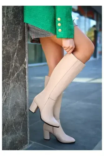 Poyabzal Ayollar Qora 7 sm baland poshnali charm ko'rinishidagi etik-NUDE - 5