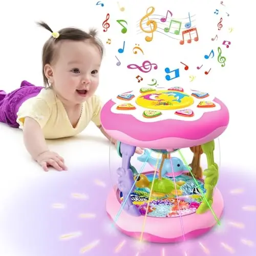 Poycuna Baby Girl Toys for 6-12 Months Ocean Rotating Light Up Musical Toys Tummy Time Infant Toys 3-6 12-18 Months Baby Girl Toys 1 2 Year Old(Pink) - POYCUNA