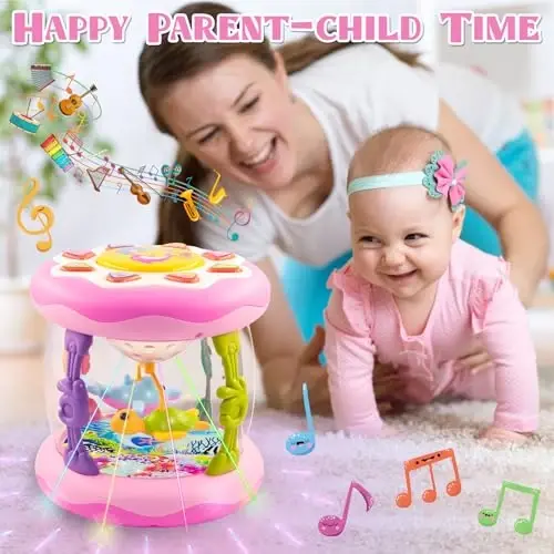 Poycuna Baby Girl Toys for 6-12 Months Ocean Rotating Light Up Musical Toys Tummy Time Infant Toys 3-6 12-18 Months Baby Girl Toys 1 2 Year Old(Pink) - 5