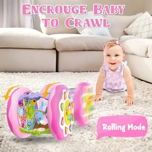 Poycuna Baby Girl Toys for 6-12 Months Ocean Rotating Light Up Musical Toys Tummy Time Infant Toys 3-6 12-18 Months Baby Girl Toys 1 2 Year Old(Pink) - 2