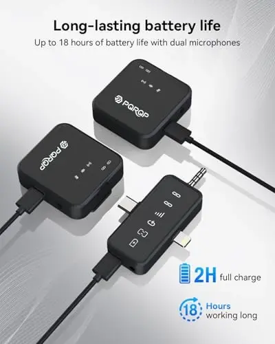 PQRQP 3 in 1 Microphone for iPhone/Android/Camera, Wireless Lavalier Microphone, 328ft Transmission, 18H Battery Life, Mini Microphone for Record Interview, Vlogs, YouTube, Tiktok - 4