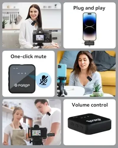 PQRQP 3 in 1 Mikrofoni iPhone/Android/Kamera uchun, Simsiz Lavalier Mikrofoni, 328ft Translyatsiya, 18H Batareya Umri, Intervyu, Vloglar, YouTube, Tiktokni yozib olish uchun Mini Mikrofon - 6