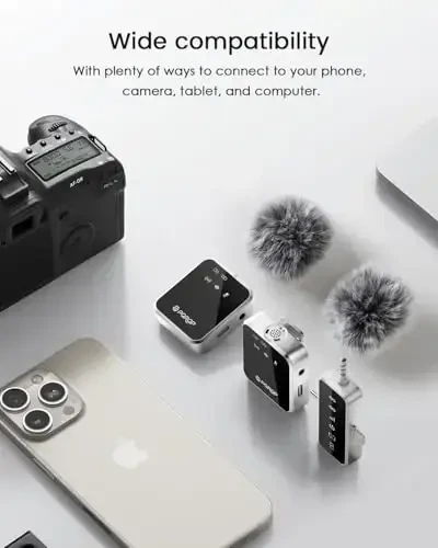 PQRQP 3 in 1 Mini Microphone for iPhone, Android, Camera | 328ft Range & 18H Battery | Noise-Canceling Mini Mic for Interviews, Content Creation, TikTok (Metallic Silver) - 5