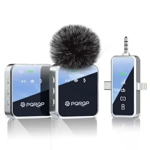 PQRQP 3 in 1 Mini Microphone for iPhone, Android, Camera | 328ft Range & 18H Battery | Noise-Canceling Mini Mic for Interviews, Content Creation, TikTok (Metallic Silver) 