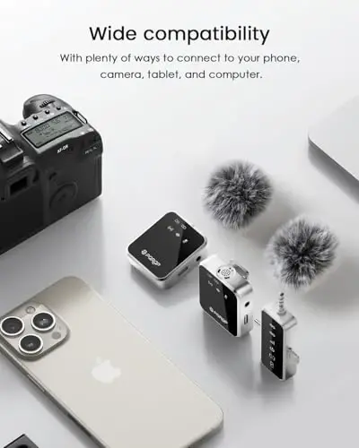 PQRQP 3 in 1 Mini Microphone for iPhone, Android, Camera | 328ft Range & 18H Battery | Noise-Canceling Mini Mic for Interviews, Content Creation, TikTok (Metallic Silver) - 5