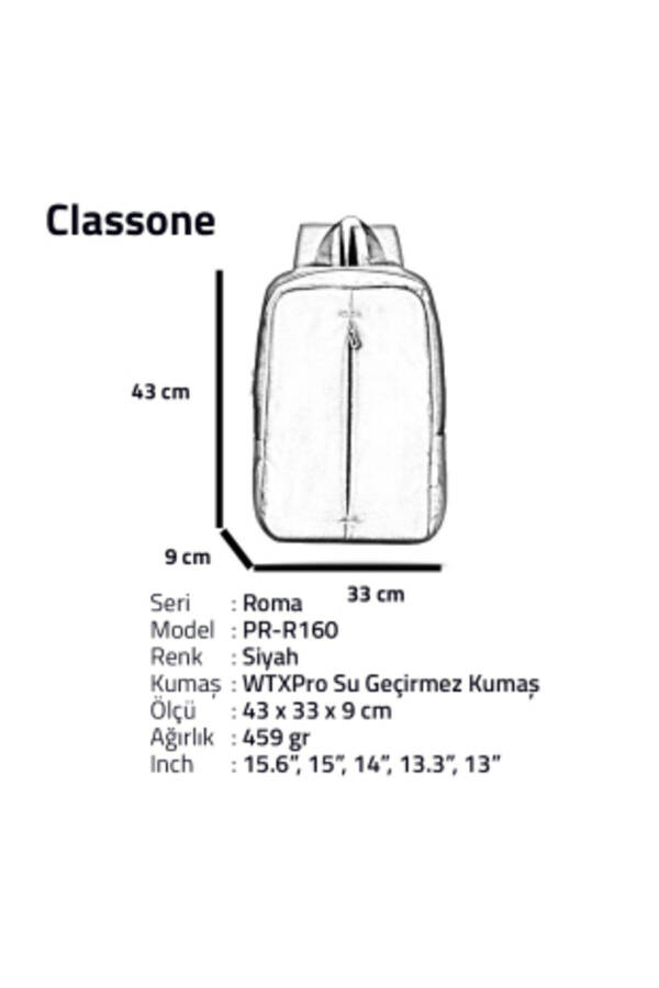 PR-R160 Roma Serisi, WTXpro, Su Geçirmez Kumaş 15.6'' Uyumlu Laptop, Notebook Sırt Çantası - Siyah - 6