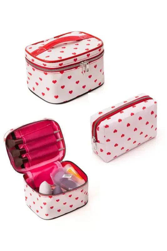 Practical 2-Piece Makeup Organizer Chic Travel Makeup Bag Set Multifunctional Cosmetic Bag-Red Heart - 1
