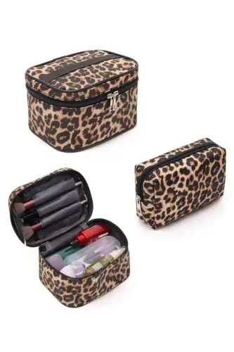 Practical 2-Piece Makeup Organizer Stylish Travel Makeup Bag Set Multifunctional Cosmetic Bag Leopard-Leopard Pattern - 1