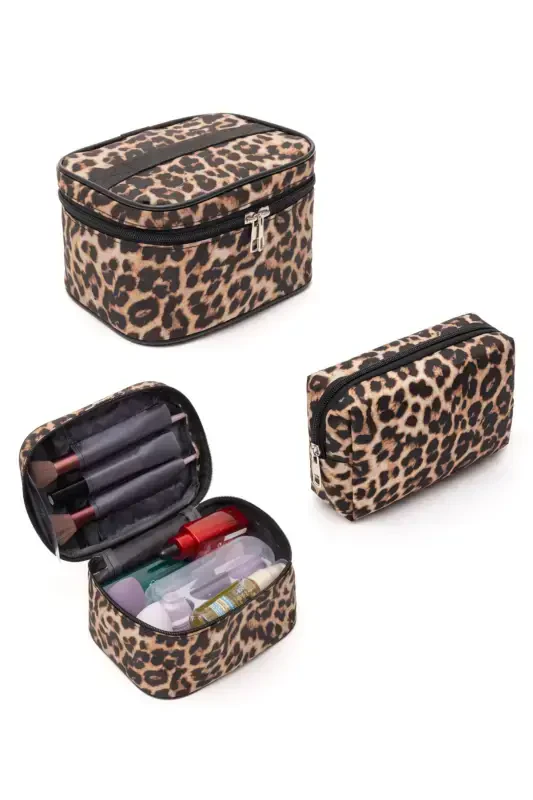 Practical 2-Piece Makeup Organizer Stylish Travel Makeup Bag Set Multifunctional Cosmetic Bag Leopard-Leopard Pattern - NS RELIABLE
