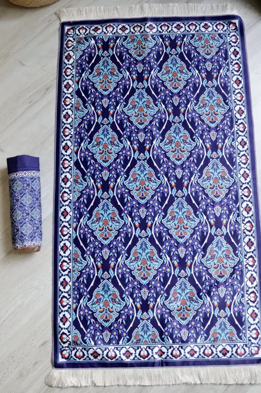 Practical and Portable Silk-Textured Carry Case Prayer Rug in Navy Blue S10016 - 4