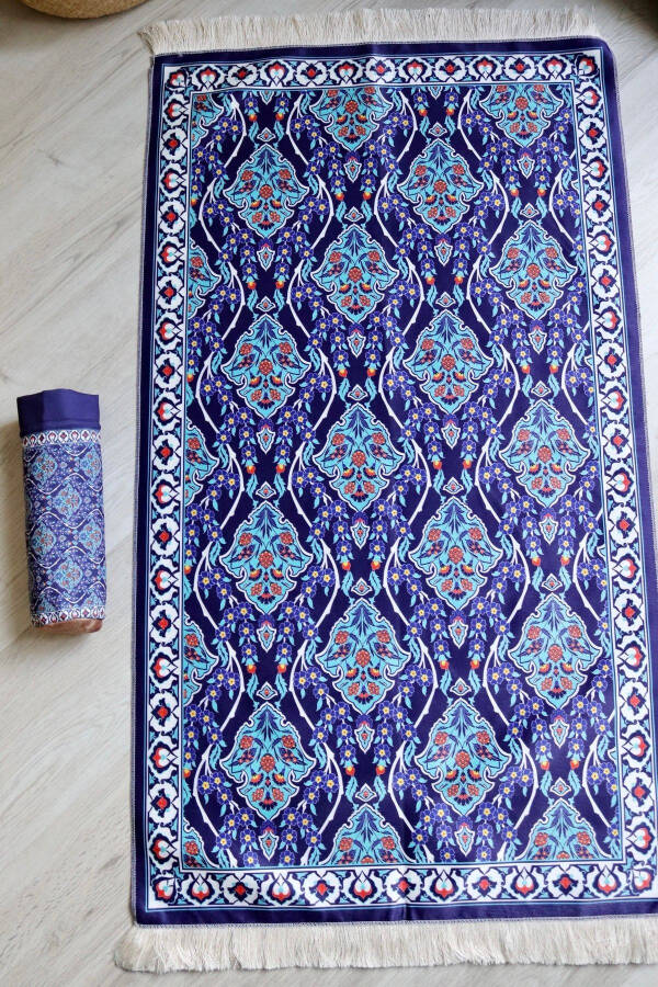 Practical and Portable Silk-Textured Carry Case Prayer Rug in Navy Blue S10016 - 3