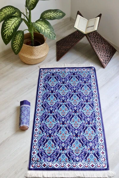 Practical and Portable Silk-Textured Carry Case Prayer Rug in Navy Blue S10016 - Modazone