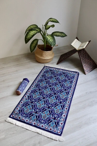 Practical and Portable Silk-Textured Carry Case Prayer Rug in Navy Blue S10016 - Modazone (1)