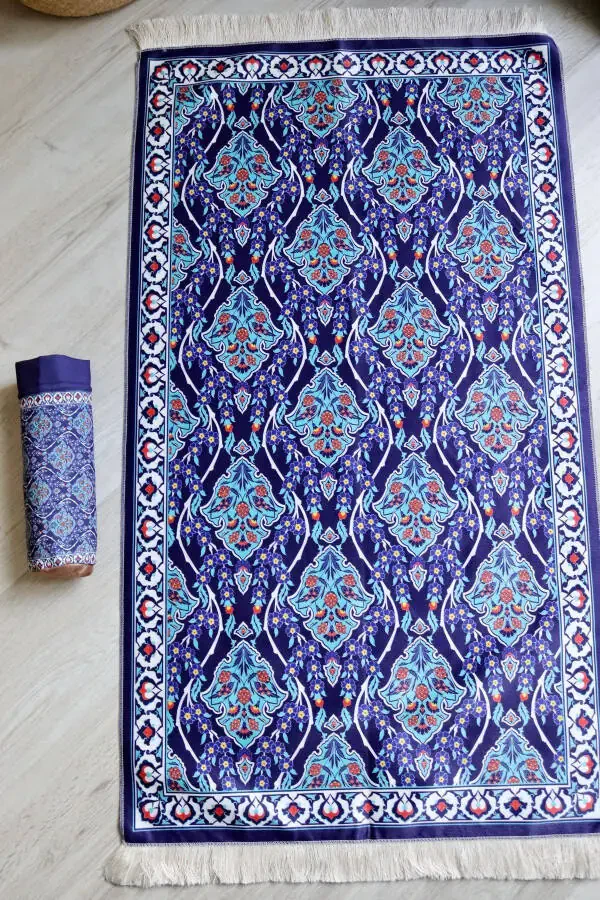 Practical and Portable Silk-Textured Carry Case Prayer Rug in Navy Blue S10016 - 3