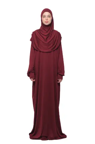 Practical One-Piece Cotton Batwing Sleeve Detachable Headscarf Organic Prayer Dress Dark Burgundy - Dark Burgundy - 1