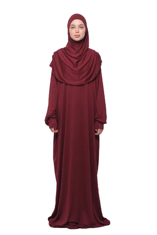 Practical One-Piece Cotton Batwing Sleeve Detachable Headscarf Organic Prayer Dress Dark Burgundy - Dark Burgundy - 1