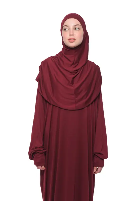 Practical One-Piece Cotton Batwing Sleeve Detachable Headscarf Organic Prayer Dress Dark Burgundy - Dark Burgundy - 3