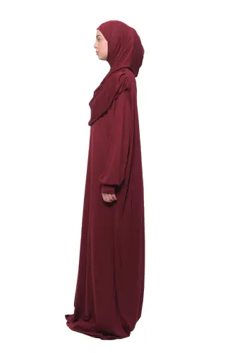Practical One-Piece Cotton Batwing Sleeve Detachable Headscarf Organic Prayer Dress Dark Burgundy - Dark Burgundy - 5