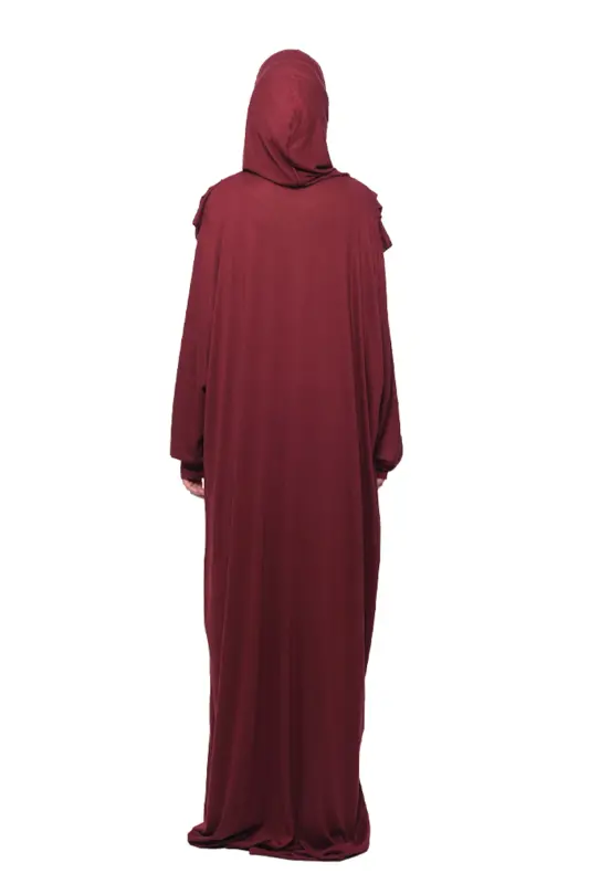 Practical One-Piece Cotton Batwing Sleeve Detachable Headscarf Organic Prayer Dress Dark Burgundy - Dark Burgundy - 6
