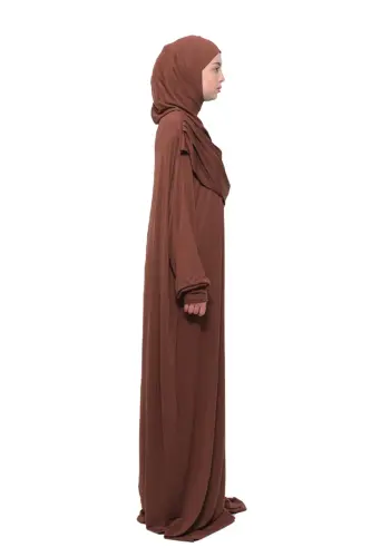 Practical One-Piece Cotton Batwing Sleeve Detachable Hooded Organic Prayer Dress Chocolate-Chocolate - 4