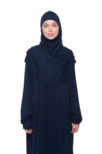 Practical One-Piece Cotton Batwing Sleeve Detachable Hooded Organic Prayer Dress Dark Navy-Dark Navy - ALTOBEH (1)