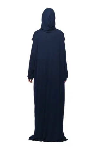 Practical One-Piece Cotton Batwing Sleeve Detachable Hooded Organic Prayer Dress Dark Navy-Dark Navy - 5