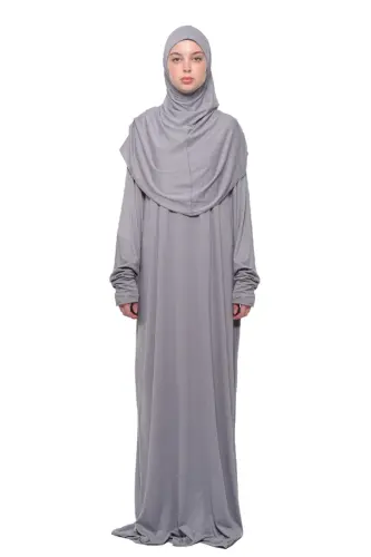 Practical One Piece Cotton Batwing Sleeve Detachable Hooded Organic Prayer Dress Gray-Gray 