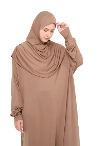 Practical One Piece Cotton Batwing Sleeve Detachable Hooded Organic Prayer Dress Milky Coffee-Milky Coffee - 5