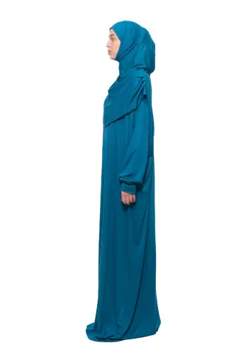 Practical One-Piece Cotton Batwing Sleeve Detachable Hooded Organic Prayer Dress Open Petrol-Open Petrol - 3
