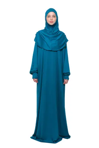 Practical One-Piece Cotton Batwing Sleeve Detachable Hooded Organic Prayer Dress Open Petrol-Open Petrol 