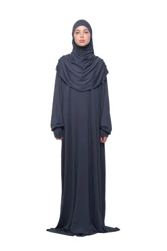 Practical One-Piece Cotton Batwing Sleeve Take-Off Hijab Organic Prayer Dress Gray 