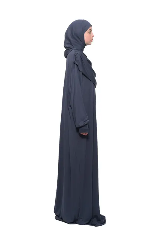 Practical One-Piece Cotton Batwing Sleeve Take-Off Hijab Organic Prayer Dress Gray - 4