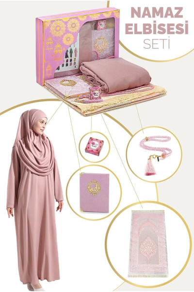 Practical One-Piece Prayer Dress with Headscarf and Prayer Rug Set Rose - 1