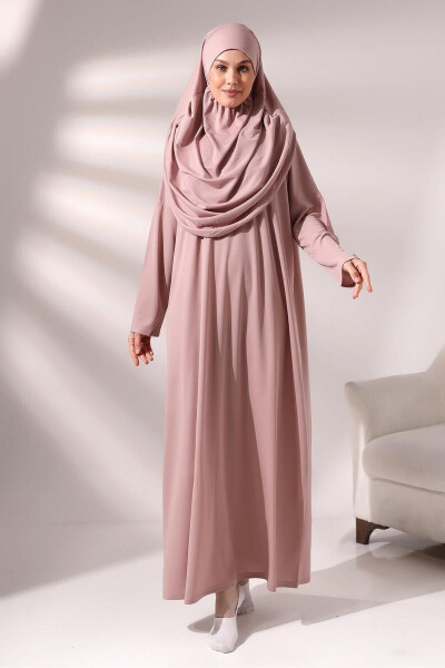 Practical One-Piece Prayer Dress with Headscarf and Prayer Rug Set Rose - 4