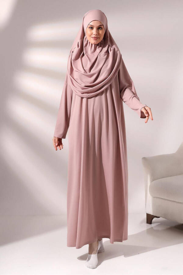 Practical One-Piece Prayer Dress with Headscarf and Prayer Rug Set Rose - 4