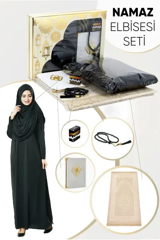 Practical One-Piece Prayer Dress with Scarf and Prayer Mat in Black - IHVAN ONLINE