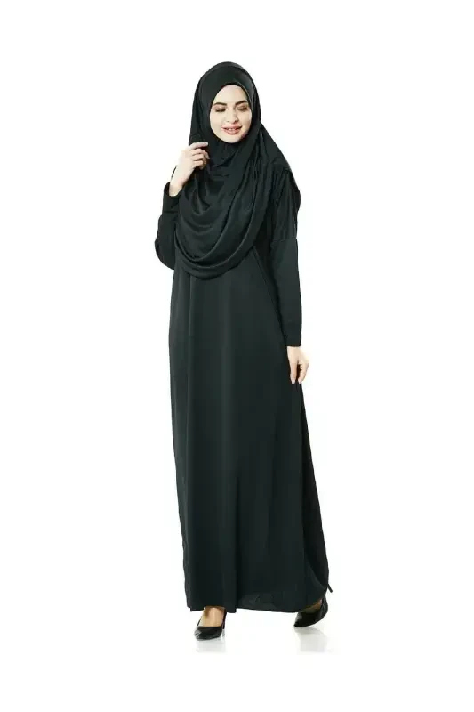 Practical One-Piece Prayer Dress with Scarf and Prayer Mat in Black - 7