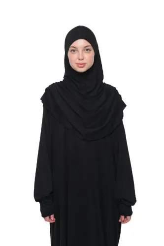 Practical Single-Piece Cotton Batwing Sleeve Take-Off Headscarf Organic Prayer Dress Black - ALTOBEH (1)