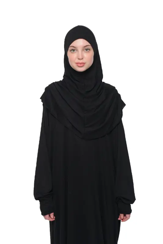 Practical Single-Piece Cotton Batwing Sleeve Take-Off Headscarf Organic Prayer Dress Black - 2