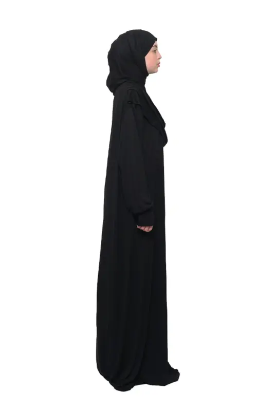 Practical Single-Piece Cotton Batwing Sleeve Take-Off Headscarf Organic Prayer Dress Black - 3