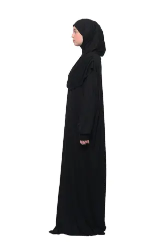 Practical Single-Piece Cotton Batwing Sleeve Take-Off Headscarf Organic Prayer Dress Black - 4