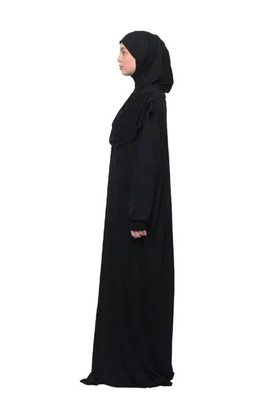 Practical Single-Piece Cotton Batwing Sleeve Take-Off Headscarf Organic Prayer Dress Black - 4