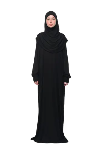Practical Single-Piece Cotton Batwing Sleeve Take-Off Headscarf Organic Prayer Dress Black 