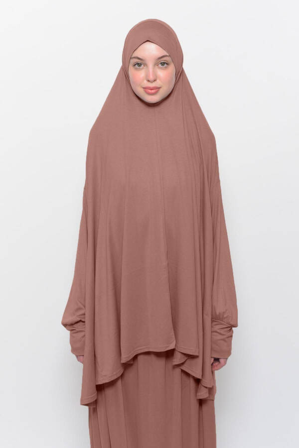 Practical Two-Piece Cotton Bat Sleeve Headscarf Organic Modest Prayer Dress-Brown - 2